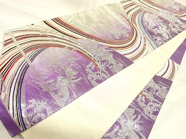 平和屋着物◎両面六通柄袋帯 唐織 立波鴛鴦花文 銀糸 正絹 逸品 AABK4933yx
