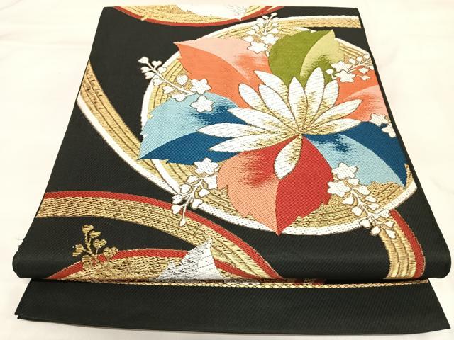 平和屋着物◎六通柄 本袋帯 唐織 花丸文 黒地 金銀糸 AABK4935yx
