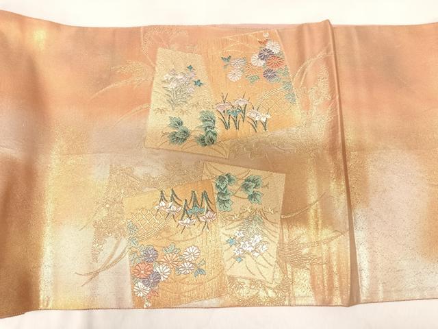 平和屋着物◎太鼓柄袋帯 唐織 色紙重ね花文 金銀糸 正絹 逸品 AABK4942yx