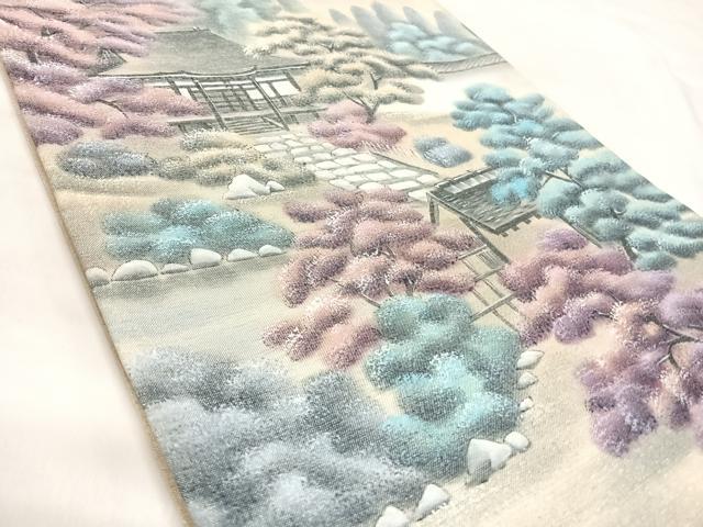 平和屋着物◎太鼓柄袋帯 風景文 銀糸 正絹 逸品 AABK4947yx