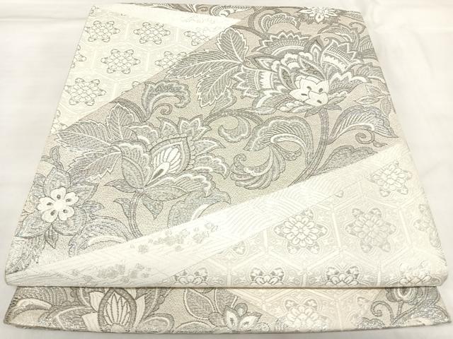 平和屋着物◎六通柄袋帯 唐織 更紗花文 銀糸 正絹 逸品 AABK4968yx