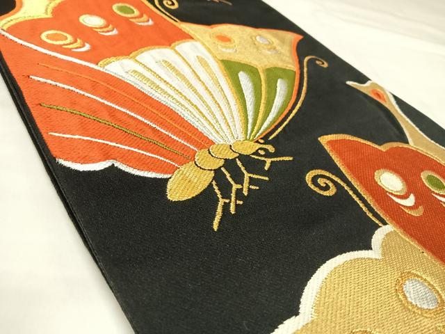 平和屋着物◎六通柄袋帯 唐織 舞蝶文 黒地 金銀糸 正絹 逸品 AABK4969yx