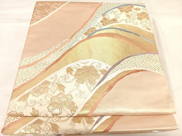 平和屋着物◎六通柄袋帯 唐織 遠山重ね花文 金糸 正絹 逸品 AABK4973yx