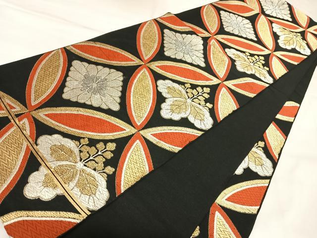 平和屋着物◎六通柄 京本袋帯 唐織 七宝花文 黒地 金銀糸 正絹 逸品 AABK4977yx
