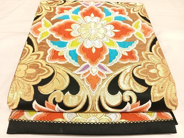 平和屋着物◎六通柄袋帯 唐織 更紗花文 黒地 金銀糸 正絹 逸品 AABK4978yx