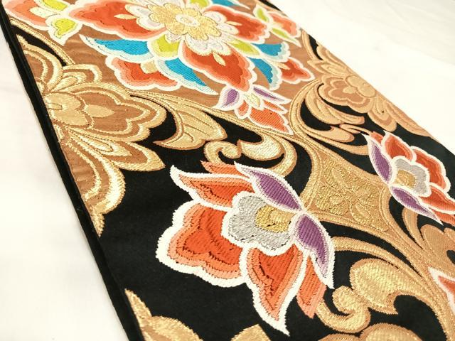 平和屋着物◎六通柄袋帯 唐織 更紗花文 黒地 金銀糸 正絹 逸品 AABK4978yx