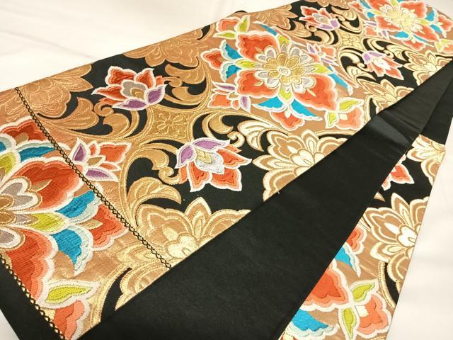 平和屋着物◎六通柄袋帯 唐織 更紗花文 黒地 金銀糸 正絹 逸品 AABK4978yx
