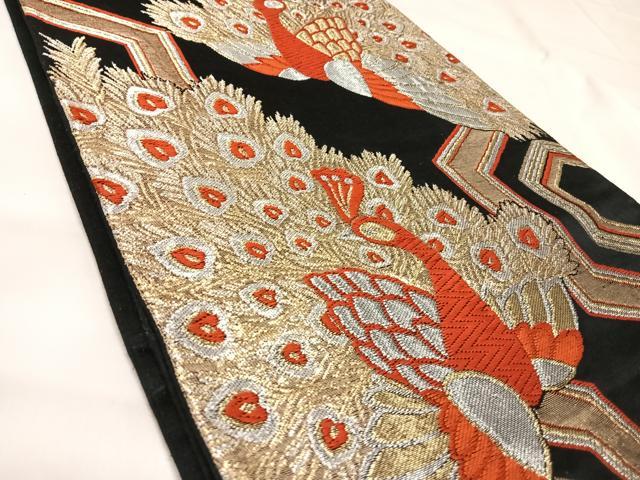 平和屋着物◎六通柄袋帯 唐織 孔雀文 黒地 金銀糸 正絹 逸品 AABK4980yx