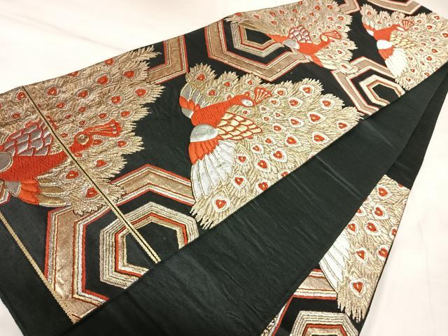 平和屋着物◎六通柄袋帯 唐織 孔雀文 黒地 金銀糸 正絹 逸品 AABK4980yx