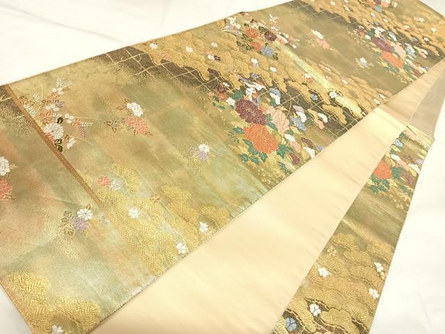 平和屋着物◎六通柄袋帯 唐織 松山花鳥紋 金糸 正絹 逸品 AABK4983yx