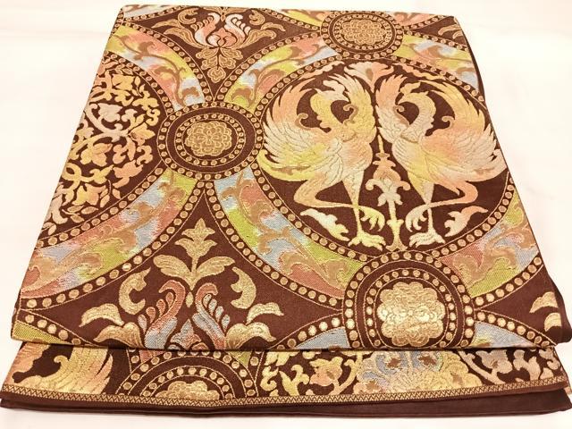 平和屋着物◎六通柄袋帯 鳳凰花丸文 金糸 正絹 逸品 AABK4999yx