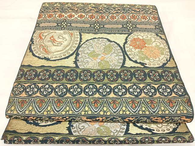 平和屋着物◎太鼓柄 本袋帯 唐織 横段花丸文 金糸 正絹 逸品 AABK5001yx