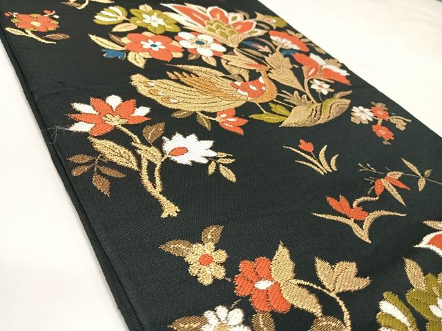 平和屋着物◎六通柄 京本袋帯 唐織 花鳥文 黒地 金糸 AABK5007yx