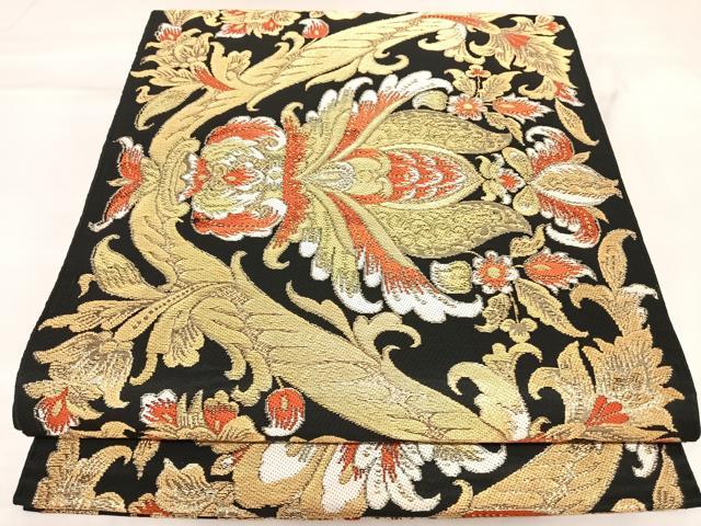 平和屋着物◎六通柄 本袋帯 唐織 更紗花文 黒地 金糸 正絹 逸品 AABK5010yx