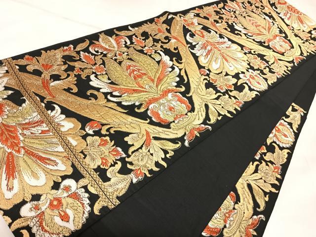 平和屋着物◎六通柄 本袋帯 唐織 更紗花文 黒地 金糸 正絹 逸品 AABK5010yx