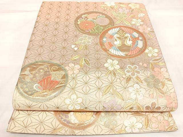 平和屋着物◎六通柄袋帯 唐織 双鶴花蝶丸文 金糸 正絹 逸品 AABK5012yx