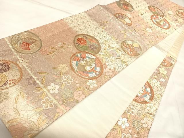平和屋着物◎六通柄袋帯 唐織 双鶴花蝶丸文 金糸 正絹 逸品 AABK5012yx