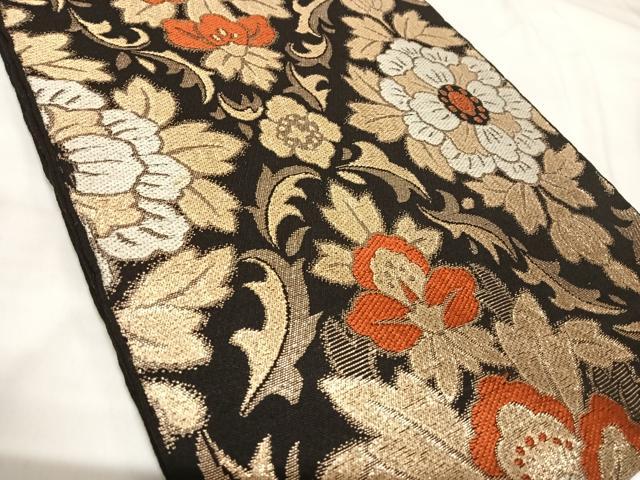 平和屋着物◎六通柄 本袋帯 唐織 更紗花文 黒地 金糸 正絹 逸品 AABK5019yx