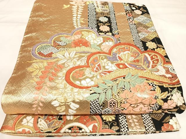 平和屋着物◎六通柄袋帯 唐織 吉祥花蝶文 金銀糸 正絹 逸品 AABK5039yx