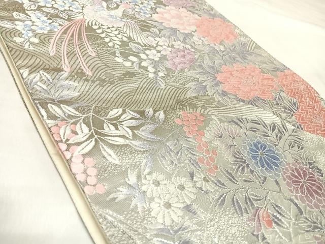 平和屋着物◎六通柄袋帯 唐織 裂形取花鳥文 プラチナ箔 正絹 逸品 AABK5042yx