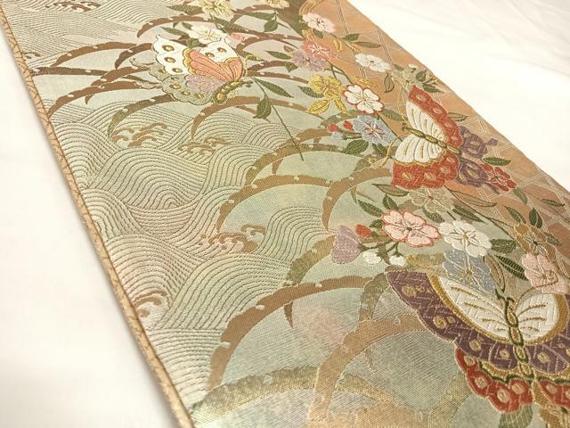 平和屋着物◎全通柄袋帯 唐織 慶長重ね 桜華蝶文 金糸 正絹 逸品 AABK5045yx