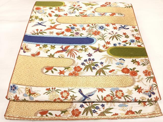 平和屋着物◎六通柄 本袋帯 唐織 花鳥文 金糸 正絹 逸品 AABK5051yx