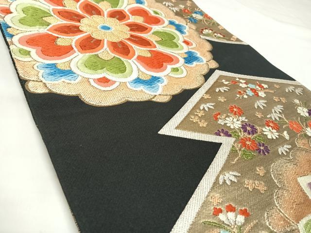 平和屋着物◎六通柄袋帯 唐織 松皮菱花文 黒地 金銀糸 正絹 逸品 AABK5052yx