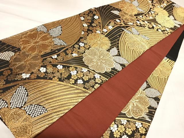 平和屋着物◎六通柄袋帯 唐織 舞花文 黒地 金糸 正絹 逸品 AABK5053yx