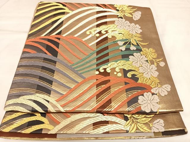 平和屋着物◎全通柄袋帯 唐織 立波花文 金糸 正絹 逸品 AABK5057yx