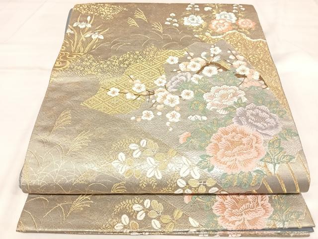 平和屋着物◎六通柄袋帯 唐織 扇面蒔絵花文 金銀糸 正絹 逸品 AABK5061yx