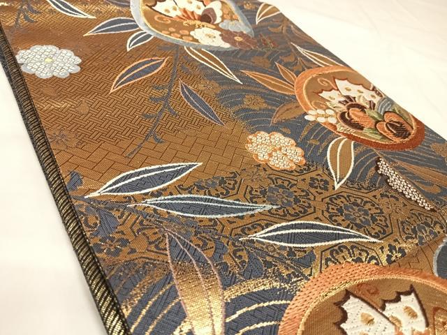 平和屋着物◎六通柄袋帯 唐織 花蝶文 金糸 正絹 逸品 AABK5062yx