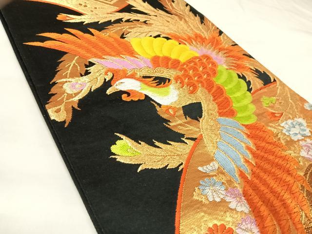平和屋着物◎六通柄袋帯 唐織 鳳凰花文 黒地 金銀糸 正絹 逸品 AABK5070yx