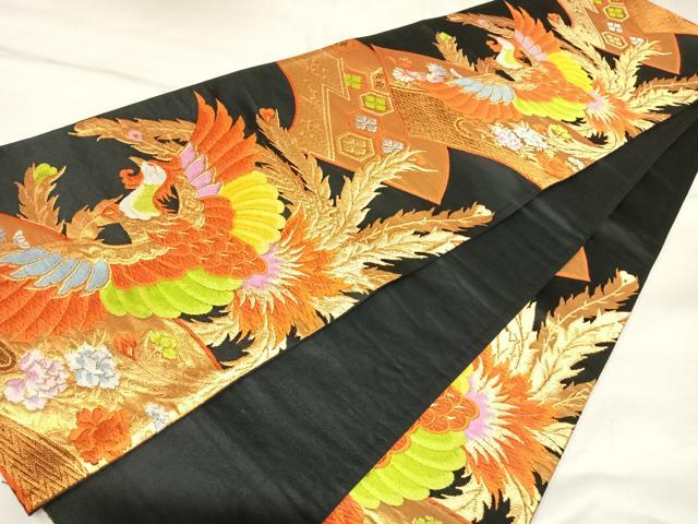 平和屋着物◎六通柄袋帯 唐織 鳳凰花文 黒地 金銀糸 正絹 逸品 AABK5070yx