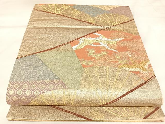 平和屋着物◎西陣の名門織元 いづくら謹製 六通柄袋帯 唐織 扇面飛鶴文 金糸 正絹 逸品 AABK5072yx