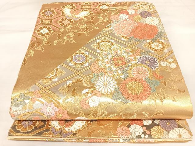 平和屋着物◎六通柄袋帯 唐織 金錦 花蝶文 金銀糸 正絹 逸品 AABK5078yx