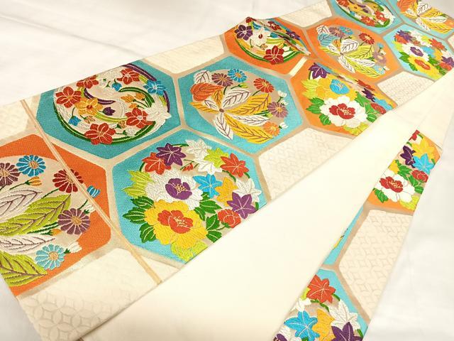 平和屋着物◎六通柄袋帯 唐織 花亀甲文 金銀糸 正絹 逸品 AABK5090yx