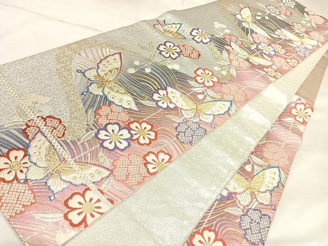 平和屋着物◎佐賀錦 六通柄袋帯 花蝶文 金銀糸 正絹 逸品 AABK5096yx