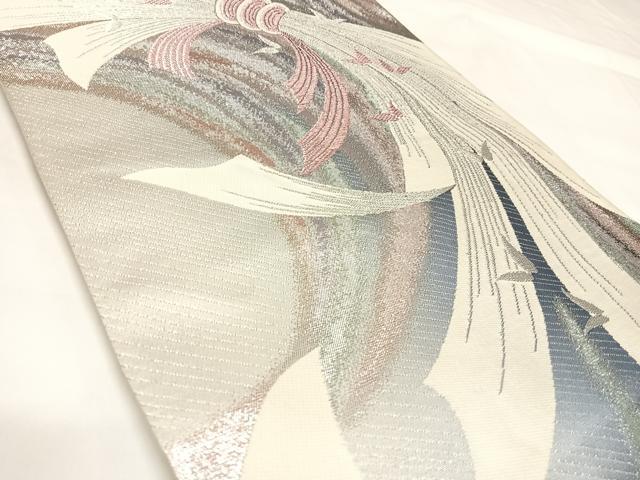 平和屋着物◎六通柄袋帯 束ね熨斗松蝶文 銀糸 正絹 逸品 AABK5097yx