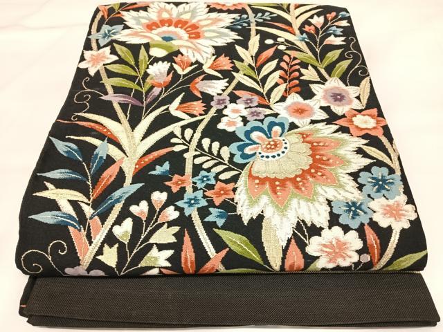平和屋着物◎六通柄 本袋帯 更紗花文 黒地 金糸 正絹 逸品 AABK5105yx