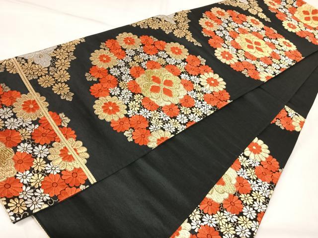 平和屋着物◎六通柄袋帯 唐織 花丸文 黒地 金銀糸 正絹 逸品 AABK5109yx