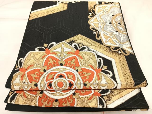 平和屋着物◎六通柄 京袋帯 唐織 正倉院花文 黒地 金銀糸 正絹 逸品 AABK5123yx