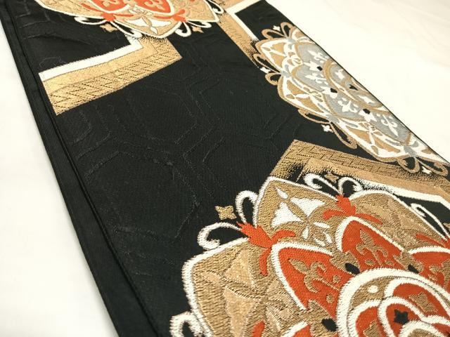 平和屋着物◎六通柄 京袋帯 唐織 正倉院花文 黒地 金銀糸 正絹 逸品 AABK5123yx