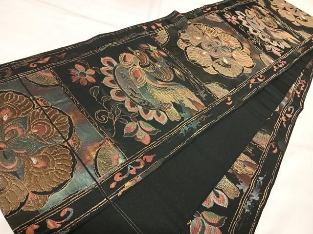 平和屋着物◎全通柄 本袋帯 鴛鴦花文 黒地 金糸 正絹 逸品 AABK5144yx
