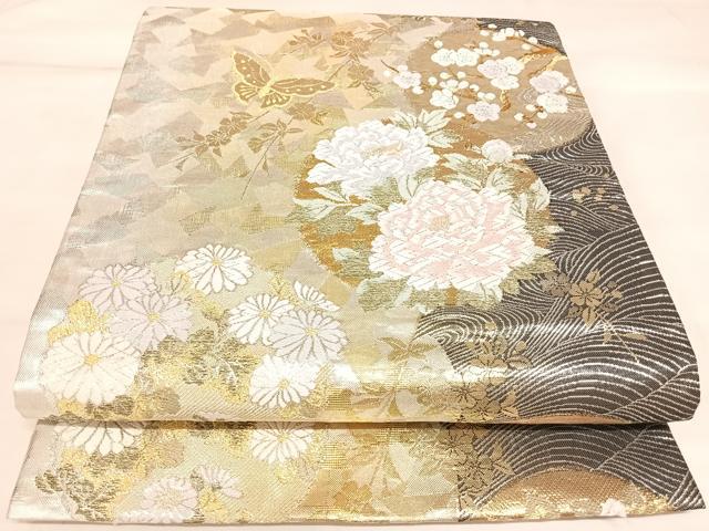 平和屋着物◎六通柄袋帯 唐織 琳派草花文 金銀糸 正絹 逸品 AABK5146yx