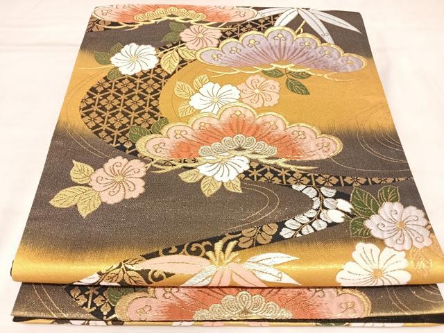平和屋着物◎六通柄袋帯 唐織 流水松竹梅 金銀糸 正絹 逸品 AABK5150yx