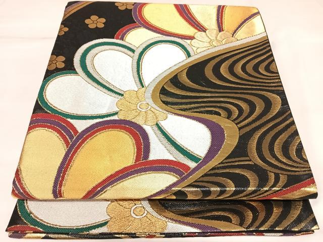 平和屋着物◎六通柄袋帯 唐織 流水舞花文 黒地 金銀糸 正絹 逸品 AABK5163yx