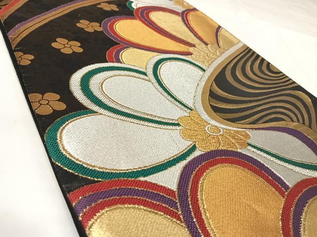 平和屋着物◎六通柄袋帯 唐織 流水舞花文 黒地 金銀糸 正絹 逸品 AABK5163yx