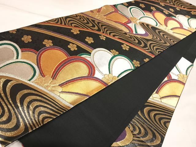 平和屋着物◎六通柄袋帯 唐織 流水舞花文 黒地 金銀糸 正絹 逸品 AABK5163yx