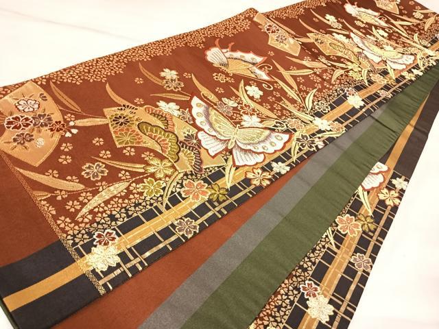 平和屋着物◎六通柄袋帯 唐織 花蝶文 金糸 正絹 逸品 AABK5164yx