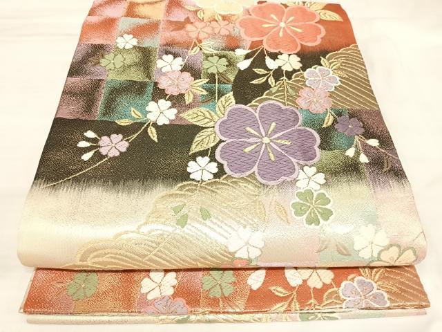 平和屋着物◎両面 六通柄袋帯 唐織 立波花文 金糸 正絹 逸品 AABK5179yx